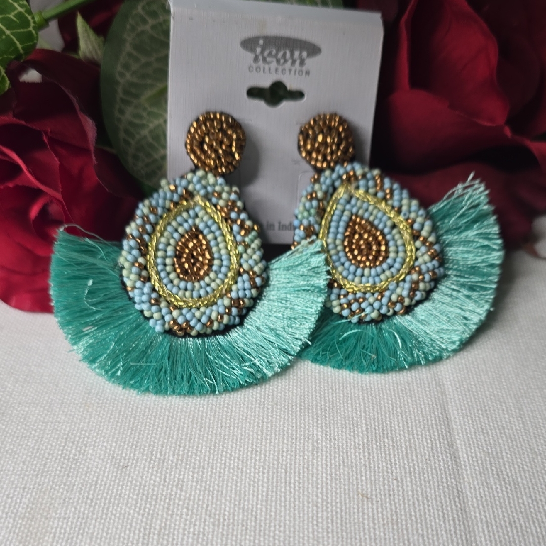 Turquoise Fringe Pierced Earrings W/Bronze & Blue Hues Seed Beads Nwot